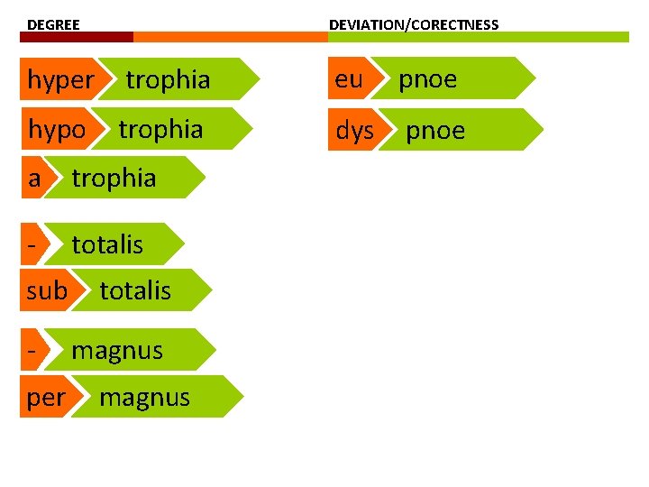 DEGREE DEVIATION/CORECTNESS hyper trophia eu pnoe hypo trophia dys pnoe a trophia - totalis