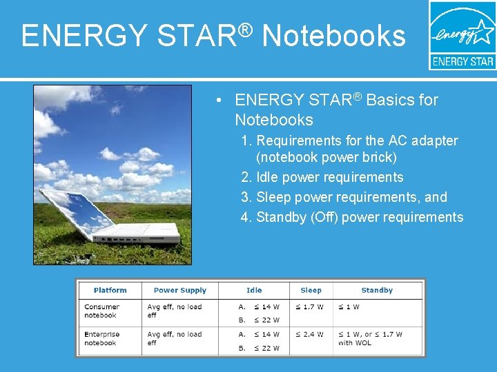 ENERGY STAR® Notebooks • ENERGY STAR® Basics for Notebooks 1. Requirements for the AC