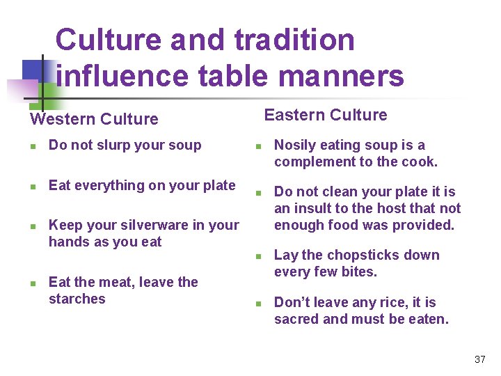 Culture and tradition influence table manners Eastern Culture Western Culture n Do not slurp