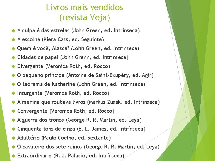 Livros mais vendidos (revista Veja) A culpa é das estrelas (John Green, ed. Intrínseca) Livros mais vendidos (revista Veja) A culpa é das estrelas (John Green, ed. Intrínseca)