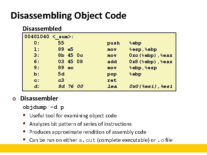 Disassembling Object Code Disassembled 00401040 <_sum>: 0: 55 1: 89 e 5 3: 8