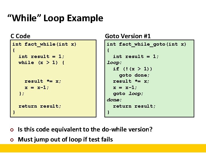 “While” Loop Example C Code int fact_while(int x) { int result = 1; while