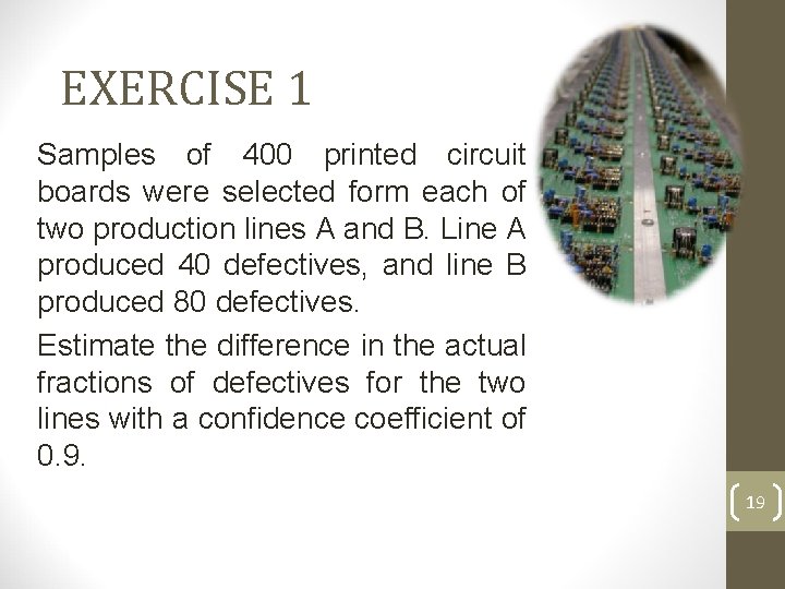 EXERCISE 1 Samples of 400 printed circuit boards were selected form each of two