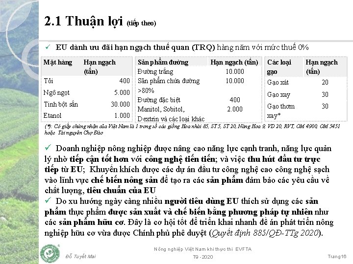 2. 1 Thuận lợi (tiếp theo) ü EU dành ưu đãi hạn ngạch thuế