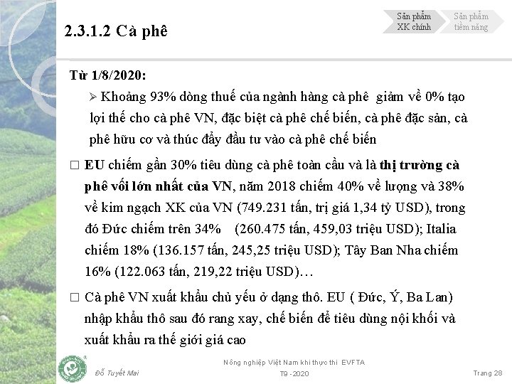 Sản phẩm XK chính 2. 3. 1. 2 Cà phê Sản phẩm tiềm năng