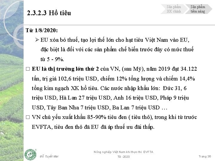 Sản phẩm XK chính 2. 3 Hồ tiêu Sản phẩm tiềm năng Từ 1/8/2020: