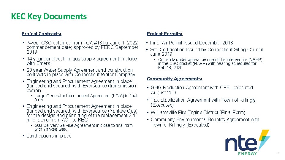 KEC Key Documents Project Contracts: Project Permits: • 7 -year CSO obtained from FCA