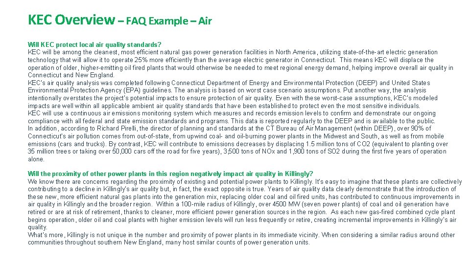KEC Overview – FAQ Example – Air Will KEC protect local air quality standards?