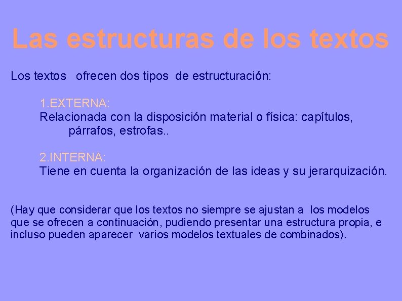 Las estructuras de los textos Los textos ofrecen dos tipos de estructuración: 1. EXTERNA: