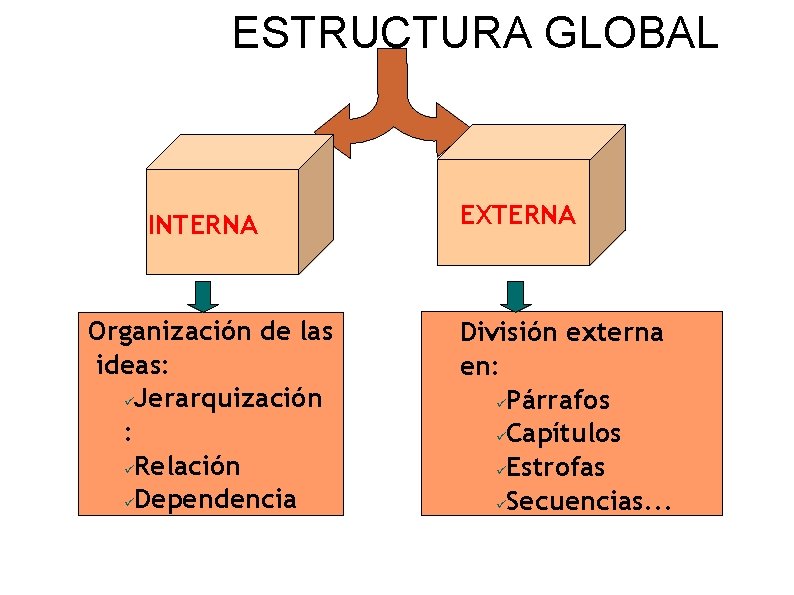 ESTRUCTURA GLOBAL INTERNA Organización de las ideas: Jerarquización : Relación Dependencia EXTERNA División externa