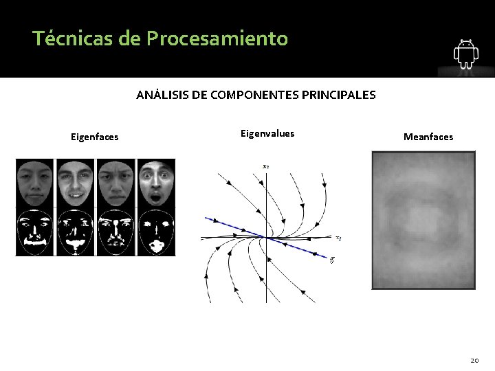 Técnicas de Procesamiento ANÁLISIS DE COMPONENTES PRINCIPALES Eigenfaces Eigenvalues Meanfaces 20 