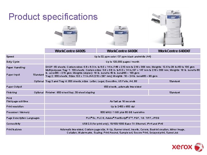 Product specifications Work. Centre 6400 S Speed Work. Centre 6400 X Up to 32