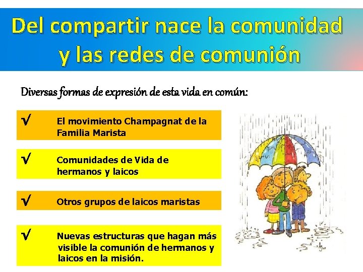 Del compartir nace la comunidad y las redes de comunión Diversas formas de expresión