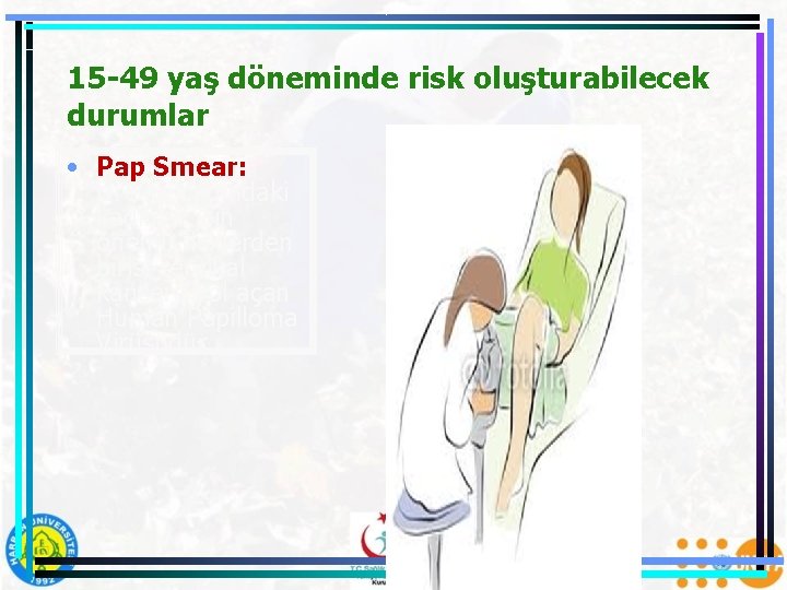 15 -49 yaş döneminde risk oluşturabilecek durumlar • Pap Smear: Üreme çağındaki kadınlar için