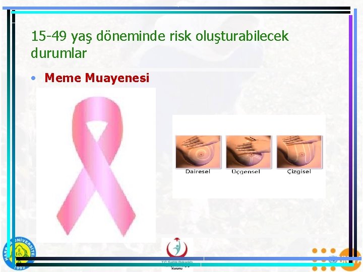 15 -49 yaş döneminde risk oluşturabilecek durumlar • Meme Muayenesi 