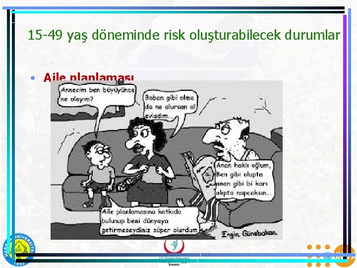 15 -49 yaş döneminde risk oluşturabilecek durumlar • Aile planlaması 