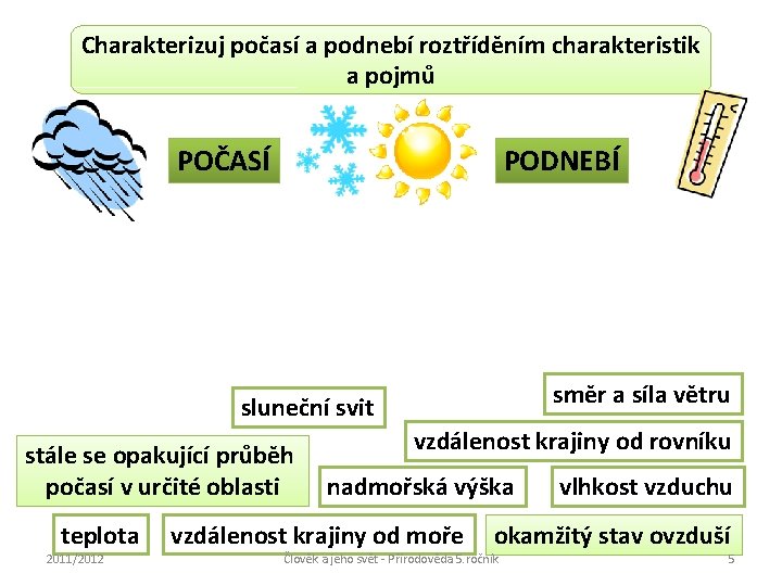 Charakterizuj počasí a podnebí roztříděním charakteristik a pojmů POČASÍ PODNEBÍ směr a síla větru