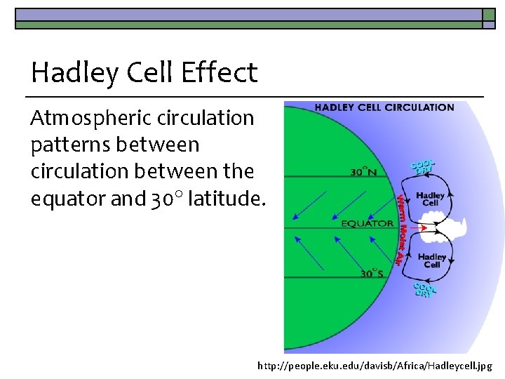 Hadley Cell Effect Atmospheric circulation patterns between circulation between the equator and 30 latitude.
