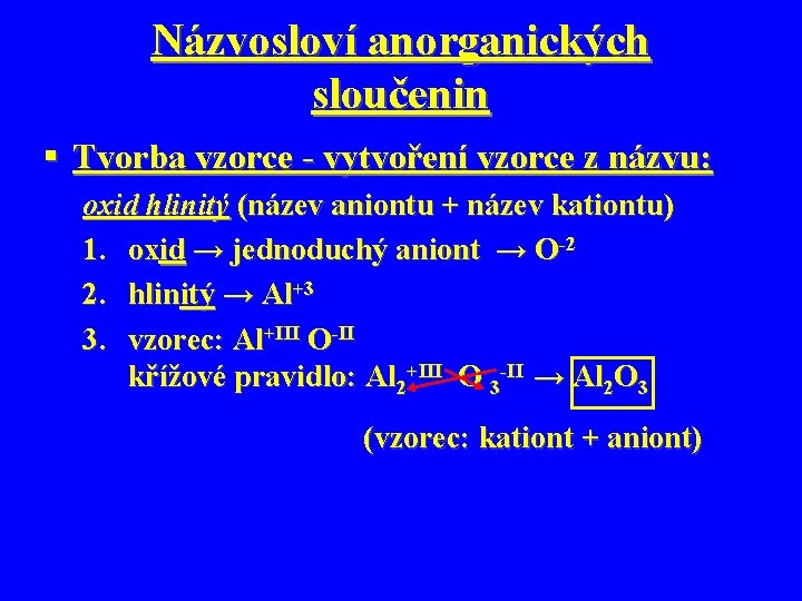 Názvosloví anorganických sloučenin § Tvorba vzorce - vytvoření vzorce z názvu: oxid hlinitý (název