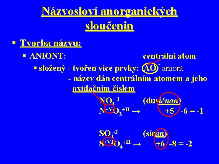 Názvosloví anorganických sloučenin § Tvorba názvu: § ANIONT: centrální atom § složený - tvořen