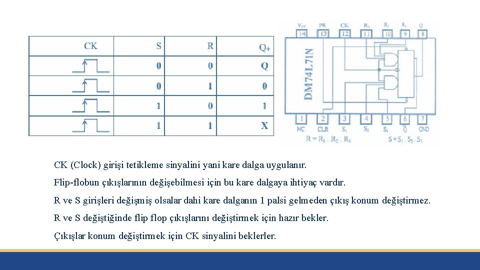 CK (Clock) girişi tetikleme sinyalini yani kare dalga uygulanır. Flip-flobun çıkışlarının değişebilmesi için bu