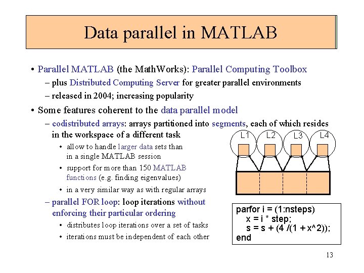Data Codistributed parallel in MATLAB arrays • Parallel MATLAB (the Math. Works): Parallel Computing
