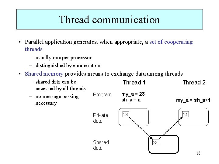 Thread communication • Parallel application generates, when appropriate, a set of cooperating threads –