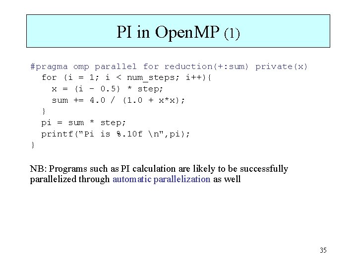 PI in Open. MP (1) #pragma omp parallel for reduction(+: sum) private(x) for (i