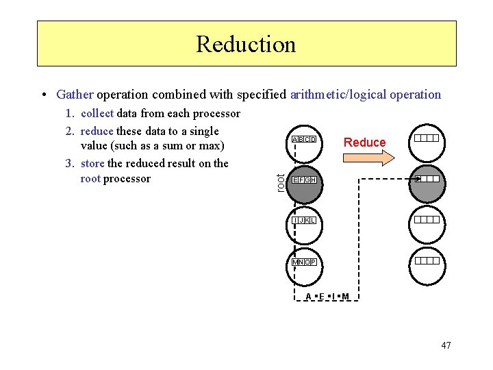 Reduction • Gather operation combined with specified arithmetic/logical operation ABCD root 1. collect data