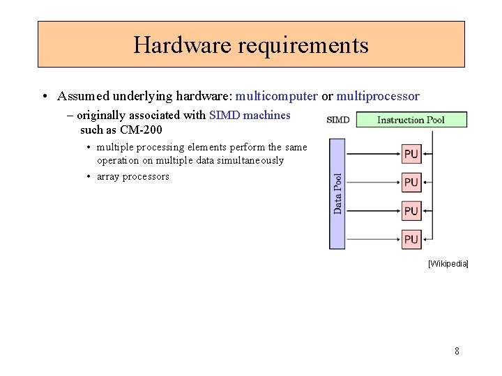 Hardware requirements • Assumed underlying hardware: multicomputer or multiprocessor – originally associated with SIMD