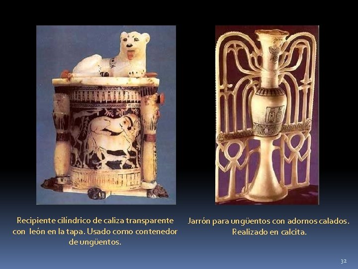 Recipiente cilíndrico de caliza transparente Jarrón para ungüentos con adornos calados. con león en