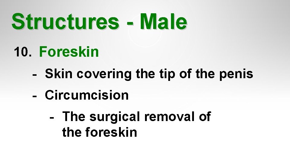 Structures - Male 10. Foreskin - Skin covering the tip of the penis - Structures - Male 10. Foreskin - Skin covering the tip of the penis -