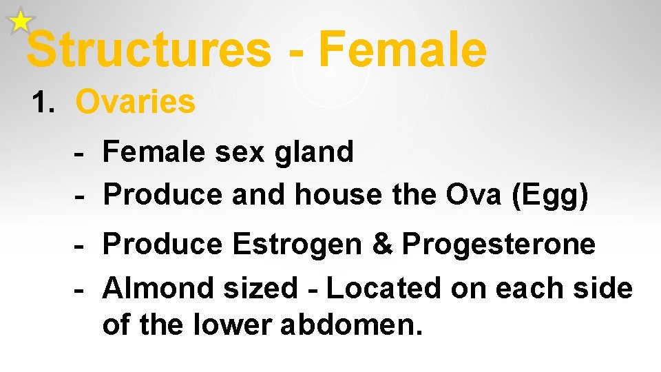 Structures - Female 1. Ovaries - Female sex gland - Produce and house the Structures - Female 1. Ovaries - Female sex gland - Produce and house the