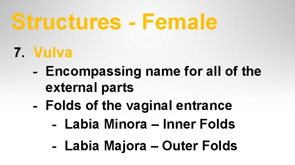 Structures - Female 7. Vulva - Encompassing name for all of the external parts Structures - Female 7. Vulva - Encompassing name for all of the external parts