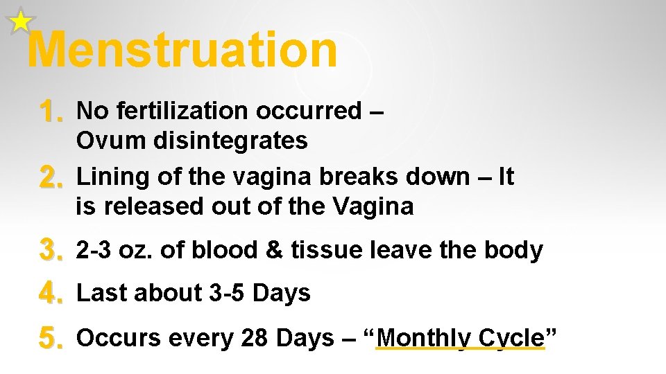 Menstruation 1. No fertilization occurred – 2. Ovum disintegrates Lining of the vagina breaks Menstruation 1. No fertilization occurred – 2. Ovum disintegrates Lining of the vagina breaks