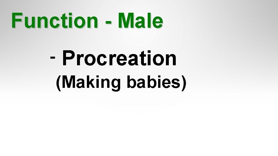 Function - Male - Procreation (Making babies) Function - Male - Procreation (Making babies)