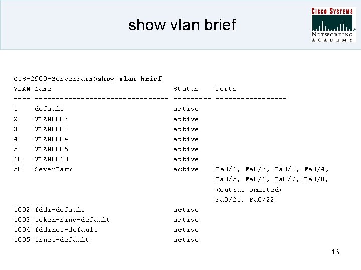 show vlan brief CIS-2900 -Server. Farm>show vlan brief VLAN Name ------------------1 default 2 VLAN