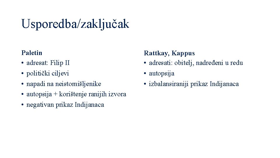 Usporedba/zaključak Paletin • adresat: Filip II • politički ciljevi • napadi na neistomišljenike •