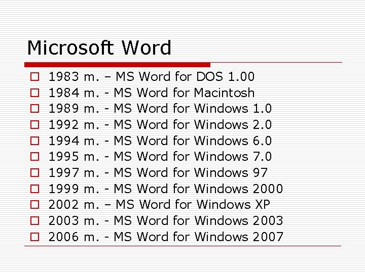 Microsoft Word o o o 1983 1984 1989 1992 1994 1995 1997 1999 2002