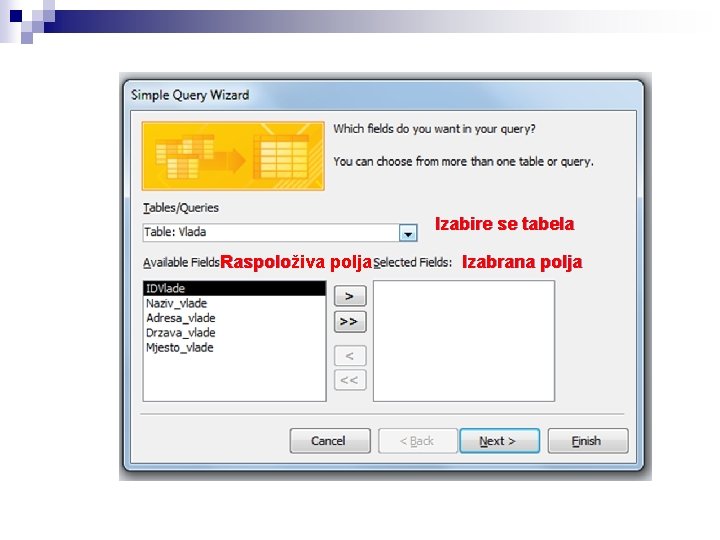 Izabire se tabela Raspoloživa polja Izabrana polja 