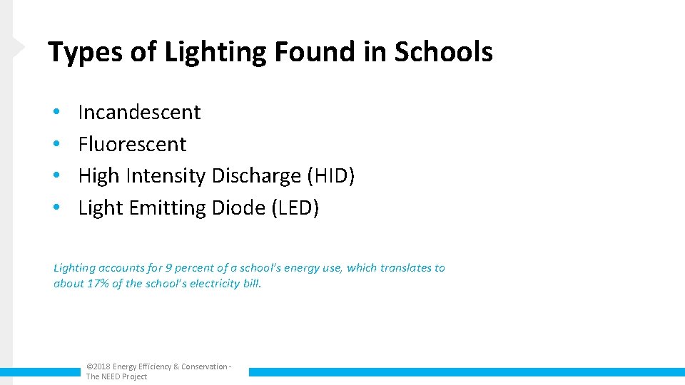 Types of Lighting Found in Schools • • Incandescent Fluorescent High Intensity Discharge (HID)