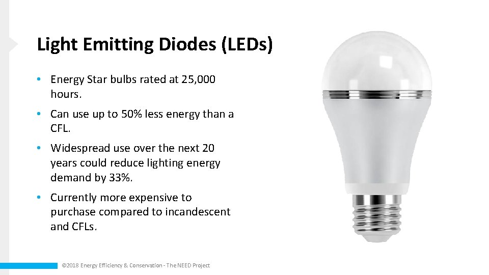 Light Emitting Diodes (LEDs) • Energy Star bulbs rated at 25, 000 hours. •