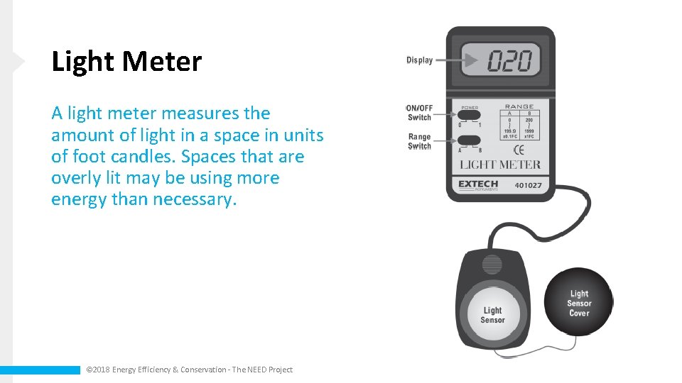 Light Meter A light meter measures the amount of light in a space in