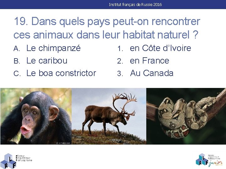 Institut français de Russie 2016 19. Dans quels pays peut-on rencontrer ces animaux dans