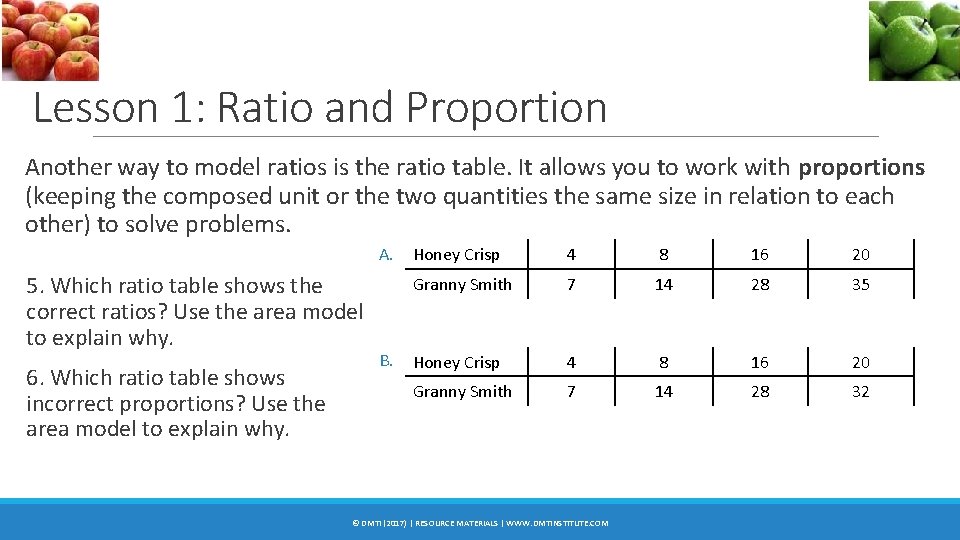 Lesson 1: Ratio and Proportion Another way to model ratios is the ratio table.