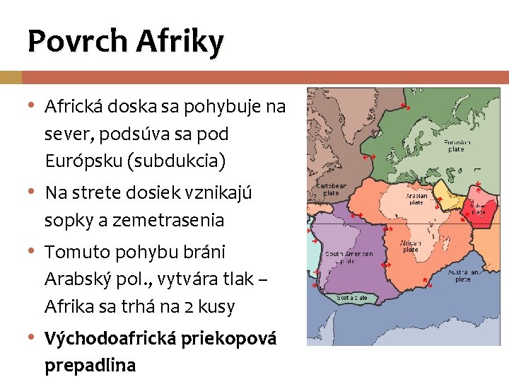 Povrch Afriky • Africká doska sa pohybuje na sever, podsúva sa pod Európsku (subdukcia)