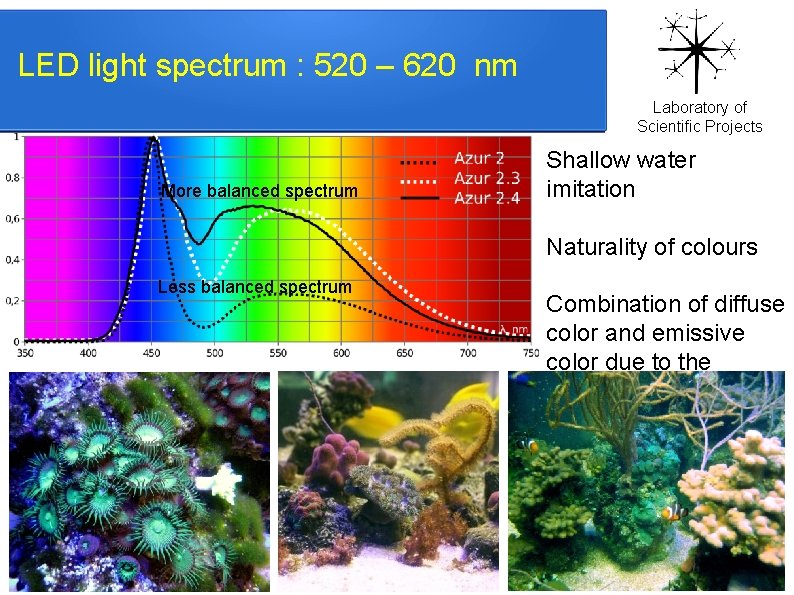 LED light spectrum : 520 – 620 nm Laboratory of Scientific Projects More balanced