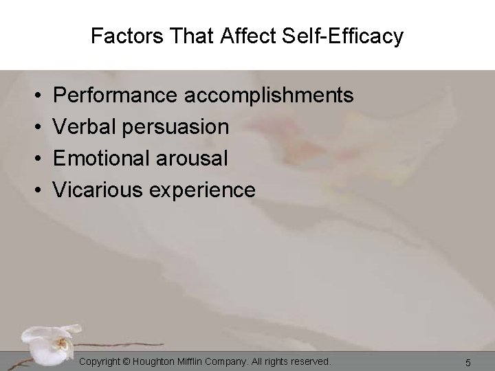 Factors That Affect Self-Efficacy • • Performance accomplishments Verbal persuasion Emotional arousal Vicarious experience