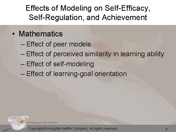 Effects of Modeling on Self-Efficacy, Self-Regulation, and Achievement • Mathematics – Effect of peer
