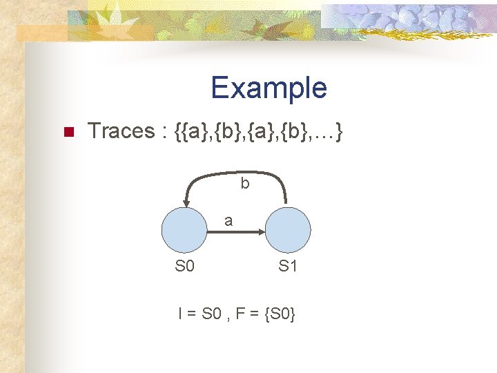 Example n Traces : {{a}, {b}, …} b a S 0 S 1 I